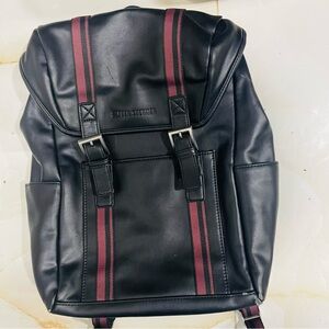 Ben Sherman Black Vegan Leather Laptop Backpack with Red & Black Stripes
